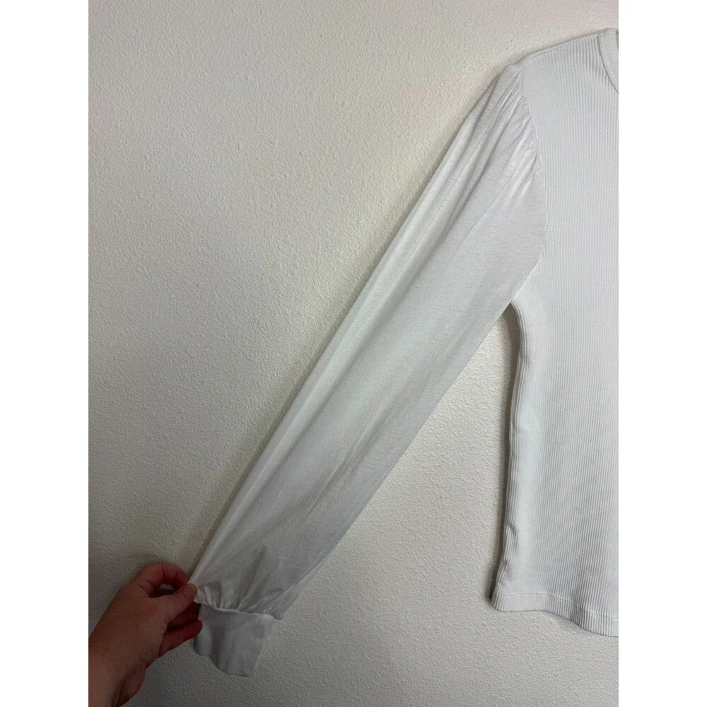 Madewell XXS Ribbed Puff Sleeve Top White 100% Cotton Slim Fit Round Neck NWT